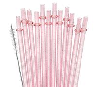 SUNDEE Reusable Plastic Straws, Glitter Straws Reusable Drinking Straw Thick BPA-Free Glitter Drinking Straw Accessories, Set of 12 Pcs Colorful Straw with Cleaning Brush - Pink