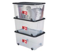 Sundis Ventilo, Set of 3 Storage Boxes with Lid and Wheels 50L Clear Plastic Stackable Stackable Storage Boxes for Bedroom, Toys, Office, Laundry - Black