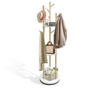 SUNDOY 165CM Rotating Wooden Coat Rack Freestanding with 3 Shelves & 9 Hooks, Hall Tree Stand for Entryway, Bedroom, Hallway & Living Room, Coat Stand for Coats, Jackets, Hats
