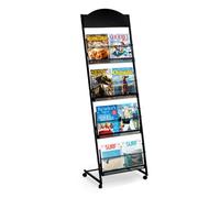 SUNDOY Magazine Rack | Floor Standing Literature Display Stand with 4 Pockets | Sleek Black Design for Home, Exhibition & Office Use (With 4 Wheels)