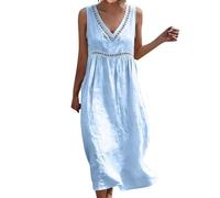 Sundress Casual Summer Dress Linen Blend Sleeveless V Neck Midi Eyelet Cutout Woman Dresses for Women UK Boho Maxi Plus Size Wrap Formal Beach Wear Fit and Flare Ladies Wedding Guest Black