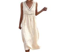 Sundress Casual Summer Dress Linen Blend Sleeveless V Neck Midi Eyelet Cutout Woman Dresses for Women UK Boho Maxi Plus Size Wrap Formal Beach Wear Fit and Flare Ladies Wedding Guest Black
