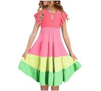 Sundresses for Girls Ruffled Short Sleeve Girls School Summer Dress Skater Swing Twirly Midi Boho Dresses for Girls Tiered Smocked Petite Summer Dresses Casual Dresses for Girls Age 14 Years