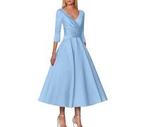 Sundresses for Women 2025 A Line Mother of The Dress Wedding Guest Plus Size Elegant V Neck Tea Length Satin 1/2 Length Sleeve with Pleats midi Dresses for Women (Light Blue, XL)