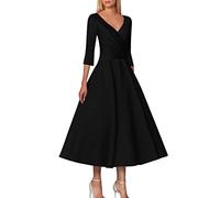 Sundresses for Women 2025 A Line Mother of The Dress Wedding Guest Plus Size Elegant V Neck Tea Length Satin 1/2 Length Sleeve with Pleats midi Dresses for Women (Black, S)