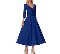 Sundresses for Women 2025 A Line Mother of The Dress Wedding Guest Plus Size Elegant V Neck Tea Length Satin 1/2 Length Sleeve with Pleats midi Dresses for Women (Blue, L)