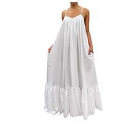 Sundresses for Women 2025 Women Solid Dress Fashion Loose Backless Swing Strap Pocket Big Casual Dress Women's Dress Maxi Dresses for Women (White, L)