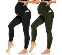 Sundwudu 2 Pack Maternity Leggings Over The Belly-Women High Waisted Pregancy Yoga Pants Workout Active with Pockets, Black+green, XL