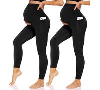 Sundwudu 2 Pack Maternity Leggings Over The Belly-Women High Waisted Pregancy Yoga Pants Workout Active with Pockets, Black*2, S