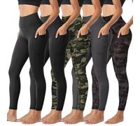 Sundwudu 5 Pack Leggings with Pockets for Women - Tummy Control High Waisted Soft Black Workout Yoga Pants, 4 Pockets-black+dark Grey Heather+black Print+camo, Large-X-Large