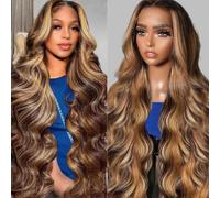 Sunelk 76.2 cm Honey Blonde Ombre Body Wave Lace Front Wigs Real Hair 200 Density 4/27 Highlight 13 x 6 Lace Front Wig Real Hair for Women Glueless Wigs Real Hair Pre Plucked HD Lace Frontal