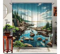 Suneve Tranquil Lake Shower Curtain 90x180cm, Pines shower Curtains for Bathroom, Waterproof Mildew & Mould Resistant Polyester Fabric Bath curtain with 6 Hooks