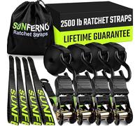 Sunferno Ratchet Straps Tie Down 2500Lbs Break Strength - 15 Ft - Heavy Duty Rachet - Safely Move Your Motorcycle & Cargo on Car, Truck, Trailer - Soft Loop Straps - Rachette Straps Black (4 Pack)