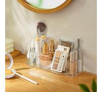 SUNFICON Makeup Holder Tray Organiser Cosmetic Display Case Tabletop Desktop Vanity Countertop Bathroom Wall Cabinet Medicine Storage Box 9 Dividers 2 Removable for Womens Ladies Girls Crystal Clear
