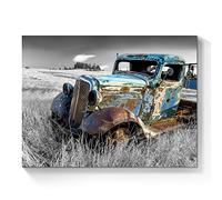 SunFlax Old Truck Canvas Wall Art: Rusty Blue Car Artwork Rustic Automobile Painting Vintage Antique Country Picture Black and White Print for Living Room Bathroom Bedroom