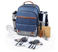 Sunflora Insulated Picnic Backpack for 2 Person Bag with Cooler Compartment, Wine pouch, Blanket and Stainless Steel Cutlery Set for Couple, Lovers and Friends (Blue & Stripe)