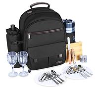 Sunflora Insulated Picnic Backpack for 2 Person Bag with Cooler Compartment, Wine Pouch, Blanket and Stainless Steel Cutlery Set for Couple, Lovers and Friends (Black)