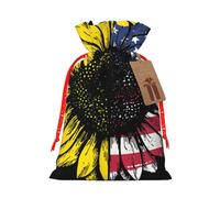 Sunflower American Flag Printed Christmas Drawstring Bags with Red Christmas Ribbon - Reusable Burlap Drawstring Gift Pouches, S