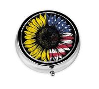 Sunflower American Flag This Small, Round, Three-Compartment Travel Pill Box is Perfect for Storing Daily medications, Vitamins, and on-The-go.