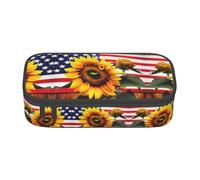 Sunflower and American Flag Print Pencil Case,Large Capacity Pencil Case,Multi-Purpose Makeup Pouch with Zipper