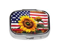 Sunflower and American Flag Print Square Pill Box,Portable for Pocket Or Purse Pill Organizer Pill Container Holder