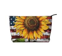 Sunflower and American Flag Printed Makeup Bag Corduroy Travel Cosmetic Bags Cosmetic Case Toiletry Bag Organizer for Women Mom Girls