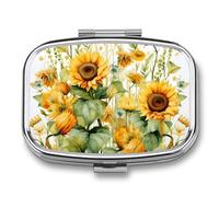 Sunflower and Corn Pill Box with 2 Compartments, Portable Pill Organizer for Pocket or Purse, Decorative Metal Medicine and Vitamins Organizer