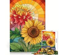 Sunflower And Dahlia Stained Glass 1000 Piece Jigsaw Puzzles for Adults Jigsaw Think Toy Calm Relax Clean Cut Wall Art Decor 38x52cm