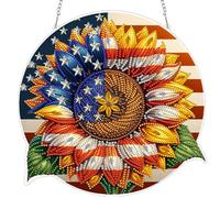 Sunflower and Flag DIY 2D Flat Acrylic Diamond Painting Hanging Pendant with Crystal Special Shape Rhinestone Diamond Painting Kit Sun Catcher Single-Sided Drill 24x22cm for Home Garden Wall D