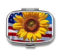 Sunflower and Flag Pill Box 2 Compartment - Small Metal Medicine Organizer Portable Pill Case for Purse Pocket Travel Vitamin Organizer for Men Women, BPA-Free