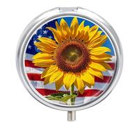 Sunflower and Flag Pill Organizer 3 Compartments, Round Small Pill Box for Purse & Pocket, Portable Daily Medicine Box to Hold Vitamins, Supplements, Pills, Fish Oil