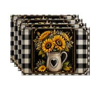 Sunflower and Heart Ceramic Mug Placemats, Black White Checkered Farmhouse Table Mats for Dining, Everyday Indoor Outdoor Kitchen Decorative Non-Slip Washable Placemat Set of 4
