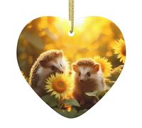 Sunflower and Hedgehog Pattern Ceramic Christmas Ornament Heart Hanging Pendant Gifts for Xmas Holidays, Ornaments for Home Decor