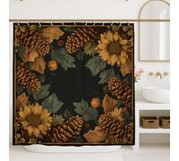 Sunflower and Pinecones Shower Curtain, Autumn Black Floral Bathroom Decor, Rustic Modern Waterproof Fabric Shower Curtain with Hooks 62x72 Inch