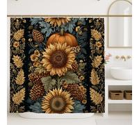 Sunflower and Pumpkin Shower Curtain, Black Floral Autumn Bathroom Decor, Rustic Fall Harvest Waterproof Fabric Shower Curtain with Hooks 72x72 Inch