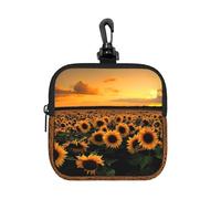 Sunflower and Sunset Square Zipper Pouch with All-Over Print,Waterproof Rubber-Fabric, Lightweight Durable Small Organizer Bag for Coins, Cards, Keys