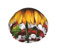 Sunflower And US Flag Print Shower Cap for Women Men, Reusable Double-Layer Fabric Bathing Cap Girls Hair Caps, 29 CM