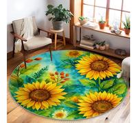 Sunflower Area Rug, Summer Botanical Leaf Petal Summer Yellow Low Pile Soft Round Carpet Stain Resistant Rugs for Living Room Bedroom Hallway Office Decor 5' X 5'