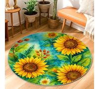 Sunflower Area Rug, Summer Botanical Leaf Petal Summer Yellow Non-Slip Backing Edge Binding Doormat Throw Rug Circle Bathroom Bedside Entryway Door Decor 3' X 3'