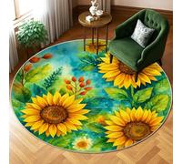 Sunflower Area Rug, Summer Botanical Leaf Petal Summer Yellow Non-Slip Backing Edge Binding Home Circle Carpet Rugs for Living Room Bedroom Under Table Dining Decor 6' X 6'
