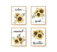 Sunflower Bathroom Decor Wall Art Prints Set of 4 Boho Yellow Flower Botanical Floral Bathroom Signs Decor Relax Soak Unwind Breathe Quotes Pictures for Farmhouse Bathroom (11"x14" UNFRAMED)