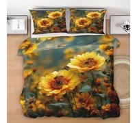 Sunflower Bee Duvet Cover King, Wild Flower Bedding Set, Soft Microfiber Reversible 3 Piece 230x220 cm with 2 Pillowcases, Breathable Hypoallergenic Quilt Cover With Zipper Closure