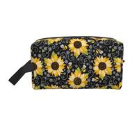 Sunflower bee Printed Double Sided Storage Bag, Large Makeup Pouch with Black Lining for Travel and Home