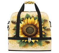 Sunflower Bees Honeycomb Foldable Travel Duffel Bag Large Capacity Sports Gym Bag with Wet Dry Compartment Shoe Pocket Lightweight Carry On Overnight Weekender Bag for Women Men