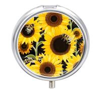 Sunflower Bees Pill Box 3 Compartment Portable Round Pill Organizer Leak-Proof Lightweight Daily Compact Travel Pill Case for Vitamins Supplements Medication