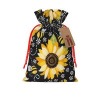 (Sunflower Bees) Print Christmas New Year Candy Gift Bag, Red Xmas Ribbon Drawstring Bags for Kids Xmas Holiday Eve Presents M Size