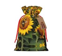 Sunflower Bees Print Drawstring Christmas Bag With Tags Reusable For Birthday Parties Gift Weddings Holiday