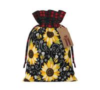 Sunflower Bees Print Festive Plaid Gift Bag, Candy Bag, Drawstring Burlap Pouch For Holiday Presents Favor-M