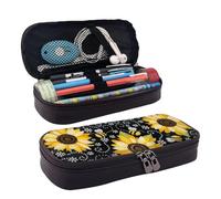 Sunflower Bees Print Leather Flap Cosmetic Case, Cosmetic Bag, Zipper Storage Bag, Leather Flap Stationery Bag, Black, One Size