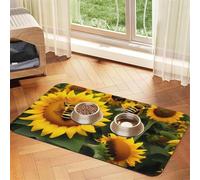 Sunflower Bees Print Pet Food Mat Absorbent Non Slip PU Leather Feeding Mat for Dogs Cats Rubber Bottom